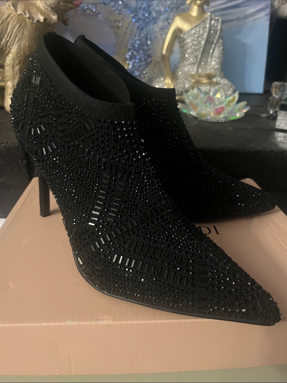 Thalia Sodi Black Rhinestone Pointed Sock Booties